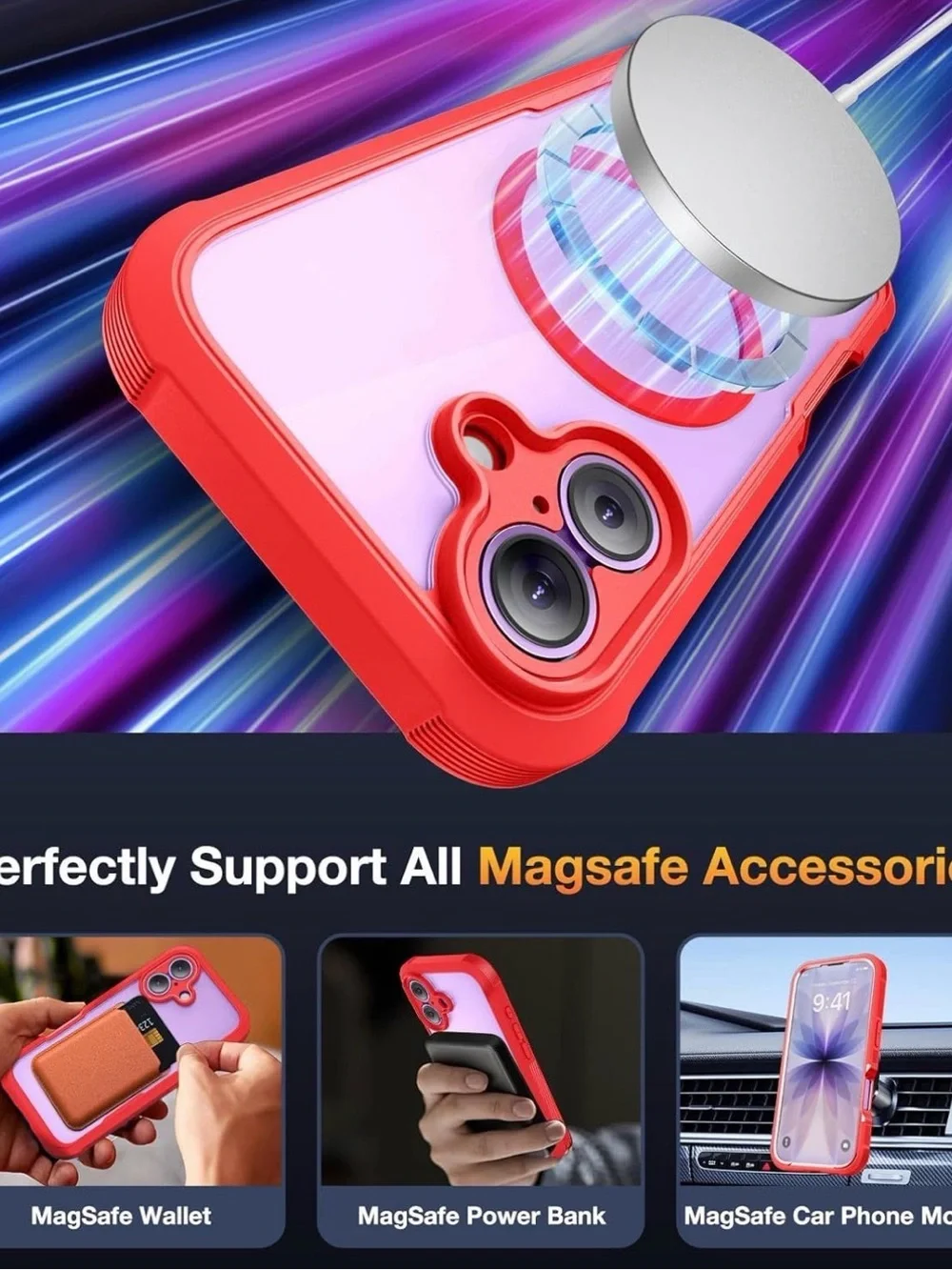Iphone 17 Red Magnetic Clear-Back Protective Phone Case with Front Cover